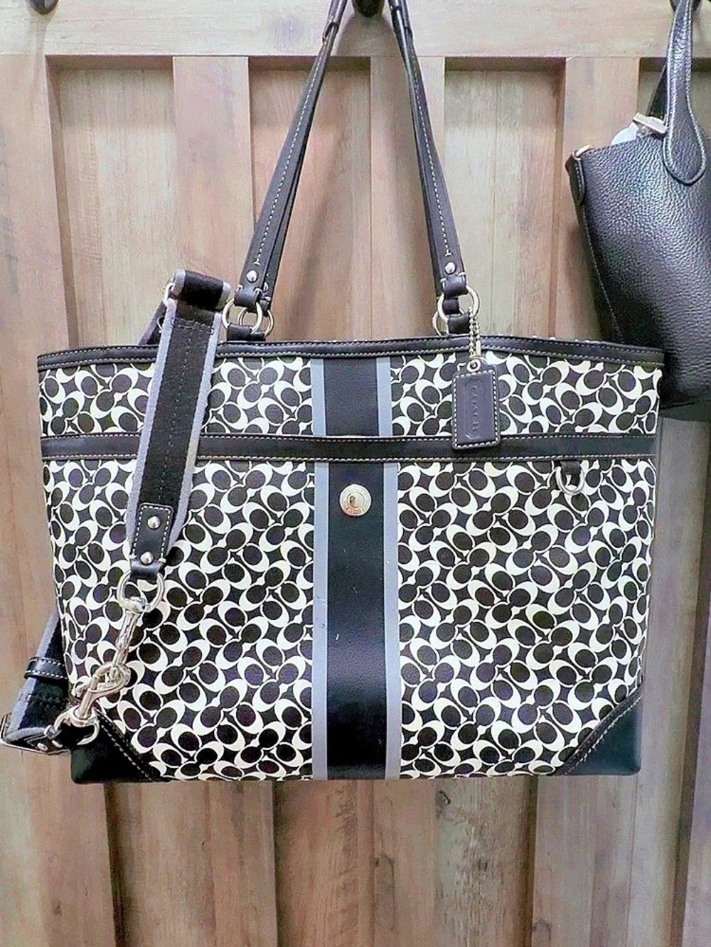 Coach Poppy Signature Black & White Tote Bag with Blue Interior